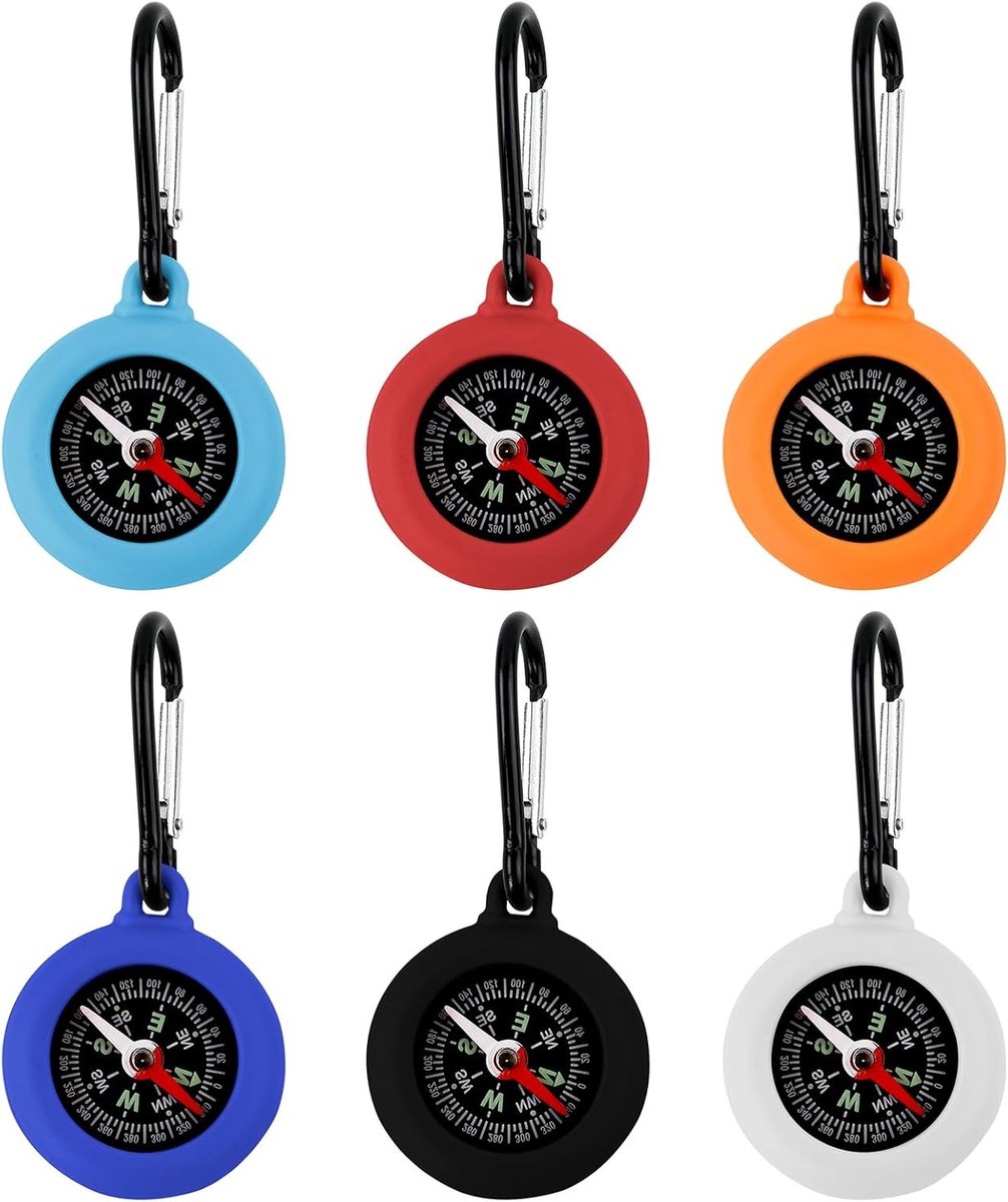 Set van 6 Kinder Kompas Karabijnhaken voor Klimactiviteiten - Compacte Overlevingssleutelhangers in 6 Kleuren voor Buitenavonturen