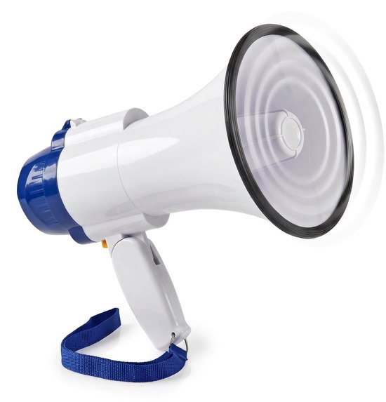 Witte megafoon met blauwe accenten en blauwe draagriem, op witte achtergrond.
