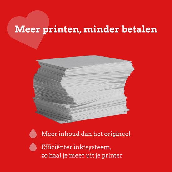 Stapel papier met rode achtergrond en hart-icoon. Tekst: "Meer printen, minder betalen"