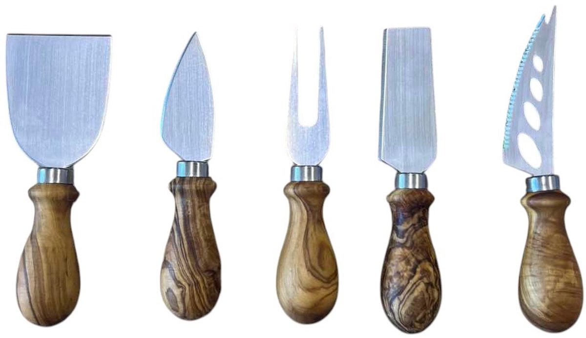 Rizes Wood - Pure Olive Wood - Set van 5 kaasmesjes met olijfhouten handvat - Olijfhout - Cadeautip - Duurzaam!