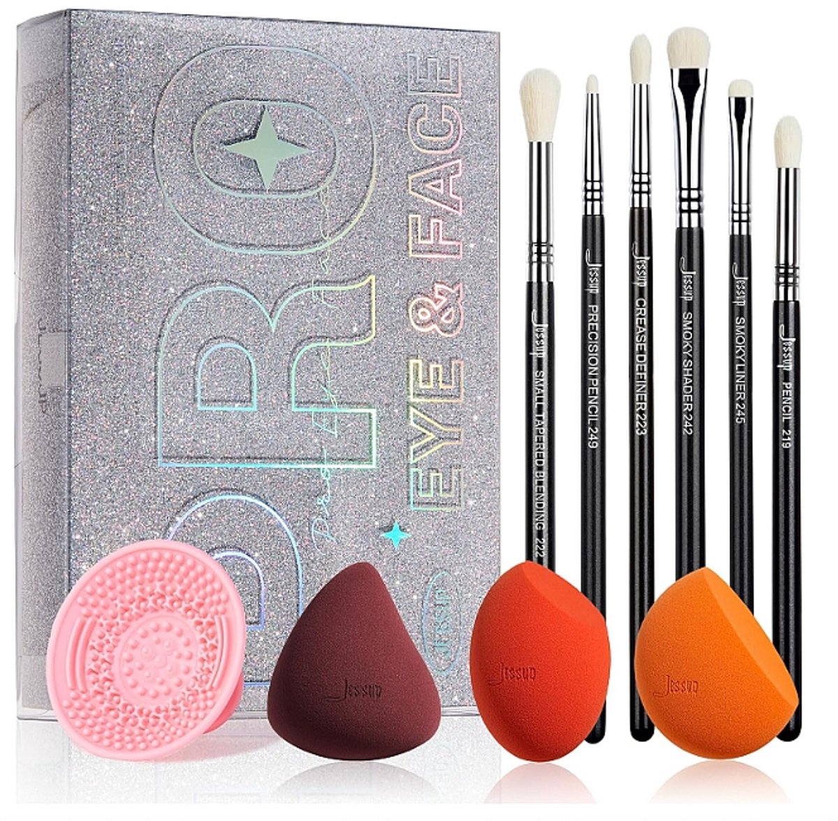 JESSUP - Make-up kwasten set 6x kwasten met Sponsjes 3x en Reinigingsmat 1x BOX met spiegel Set 11-delige Make-up set