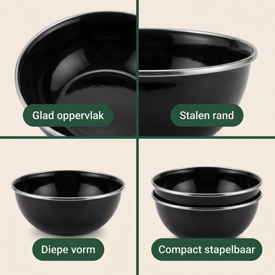 Cheqo® Campingschalen Set van 2 - Emaille Schalen - Camping Servies - Emaille Kommen - Camping Kommen - Emaille Borden - Kampeer Servies - Outdoor Servies - Diepborden - Zwart - Kamperen - Geëmailleerd - Picknick — afbeelding 3