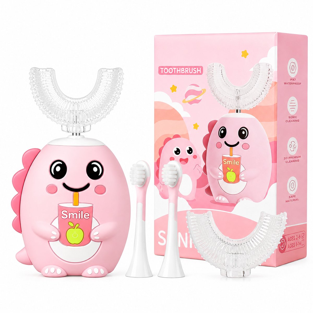 Gloovon® - Elektrische Tandenborstel Kind - U-vormige borstelkop + Rechte borstelkop - Met slimme timer - 5 standen - 2 t/m 6 Jaar - Roze
