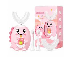 Gloovon® - Brosse à dents électrique enfant - Tête de brosse en forme de U + Tête de brosse droite - Avec minuteur intelligent - 5 modes - 2 à 6 ans - Rose