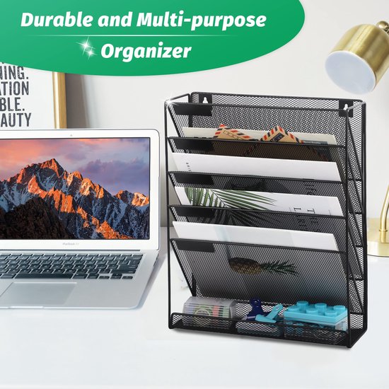 Zwarte metalen wanddocumenthouder met 6 vakken naast een laptop, met tekst 'Durable and Multi-purpose Organizer'.