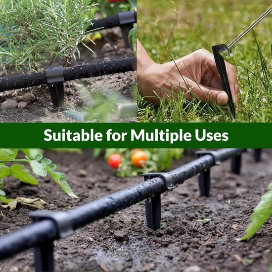 Zwarte grondpennen die een druppelslang in de tuin ondersteunen, met tekst "Suitable for Multiple Uses".