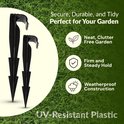 Twee zwarte grondpennen naast gras, met tekst die voordelen als "Neat, clutter free garden" en "Firm and steady hold" benadrukt.