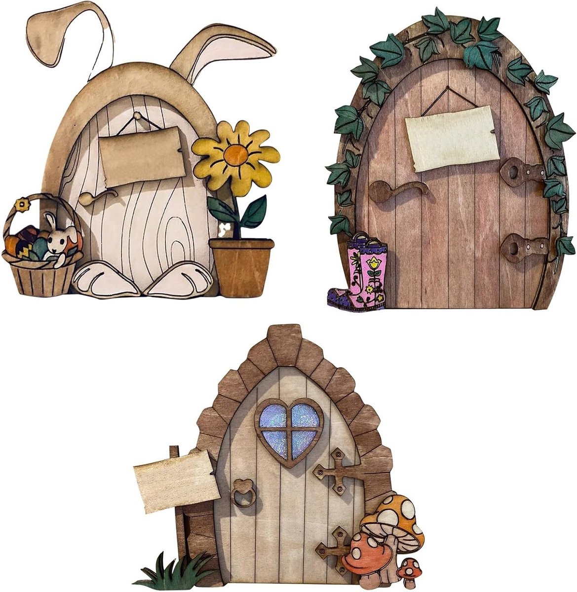 3 Stuks Houten Feeën Deur Tuin Decoratie Miniatuur Feeën Huis Handgeschilderd Wanddecoratie voor Kinderen en Thuis