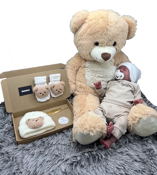 Kraamcadeau Brievenbuspakket Bruine muts + sok - felicitatie zwangerschap, kraamcadeau unisex - 3 kleuren - geboortegeschenk — afbeelding 5