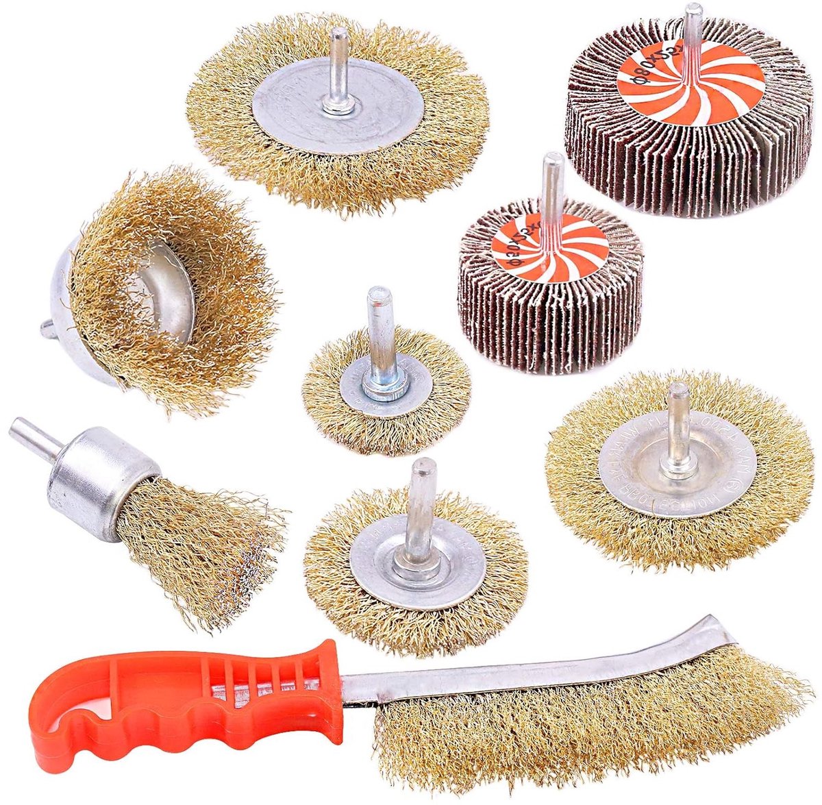 9-delige Messing Coated Draadborstel Set met Schuurwielen en 1/4 Inch Shank, Ideaal voor Verwijderen van Roest, Verf en Vuil