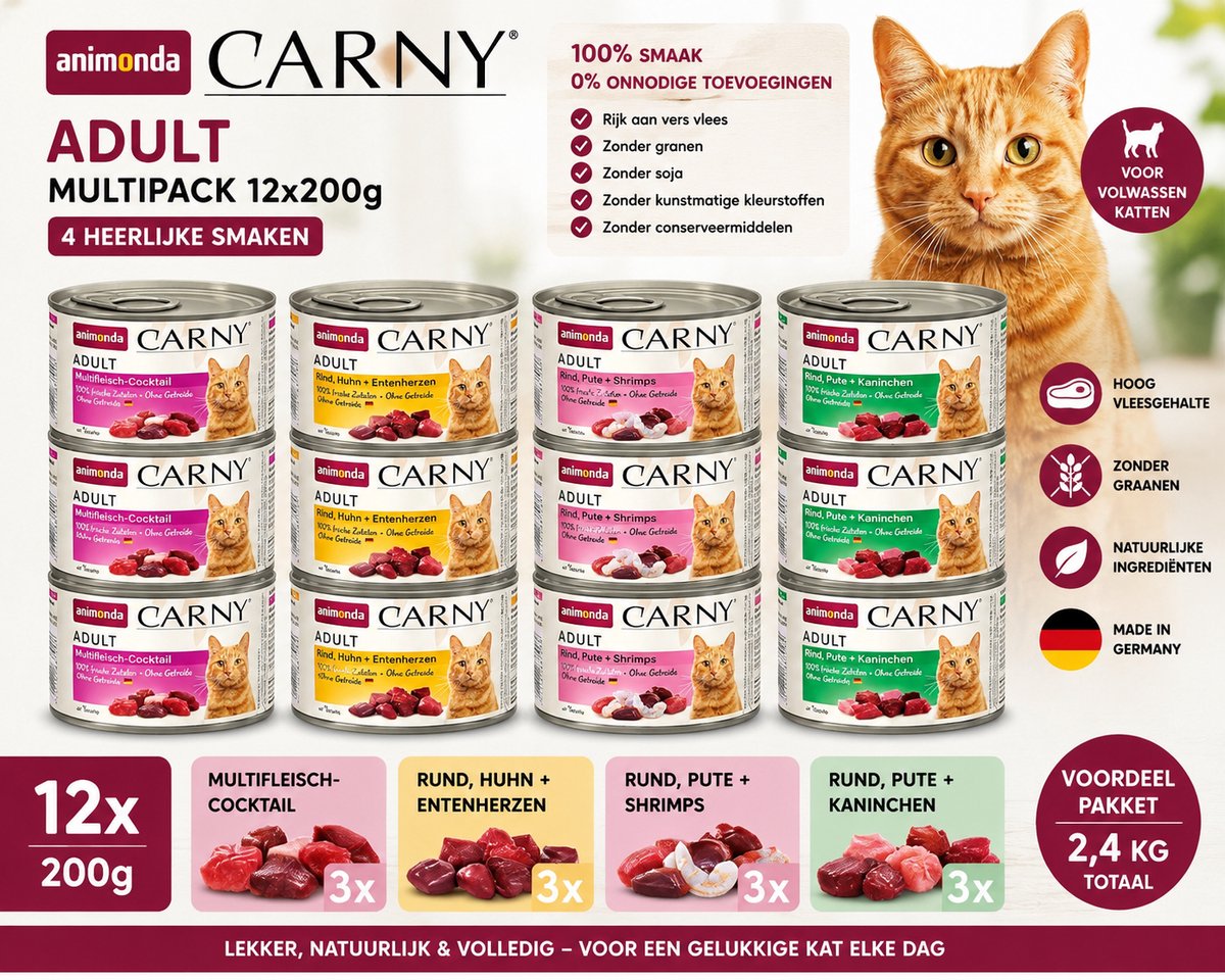 Animonda Animonda Carny Adult Kattenvoer Multipack 12x200g – Mixpakket 4 Smaken – Premium Natvoer voor Volwassen Katten – Graanvrij – Hoog Vleesgehalte