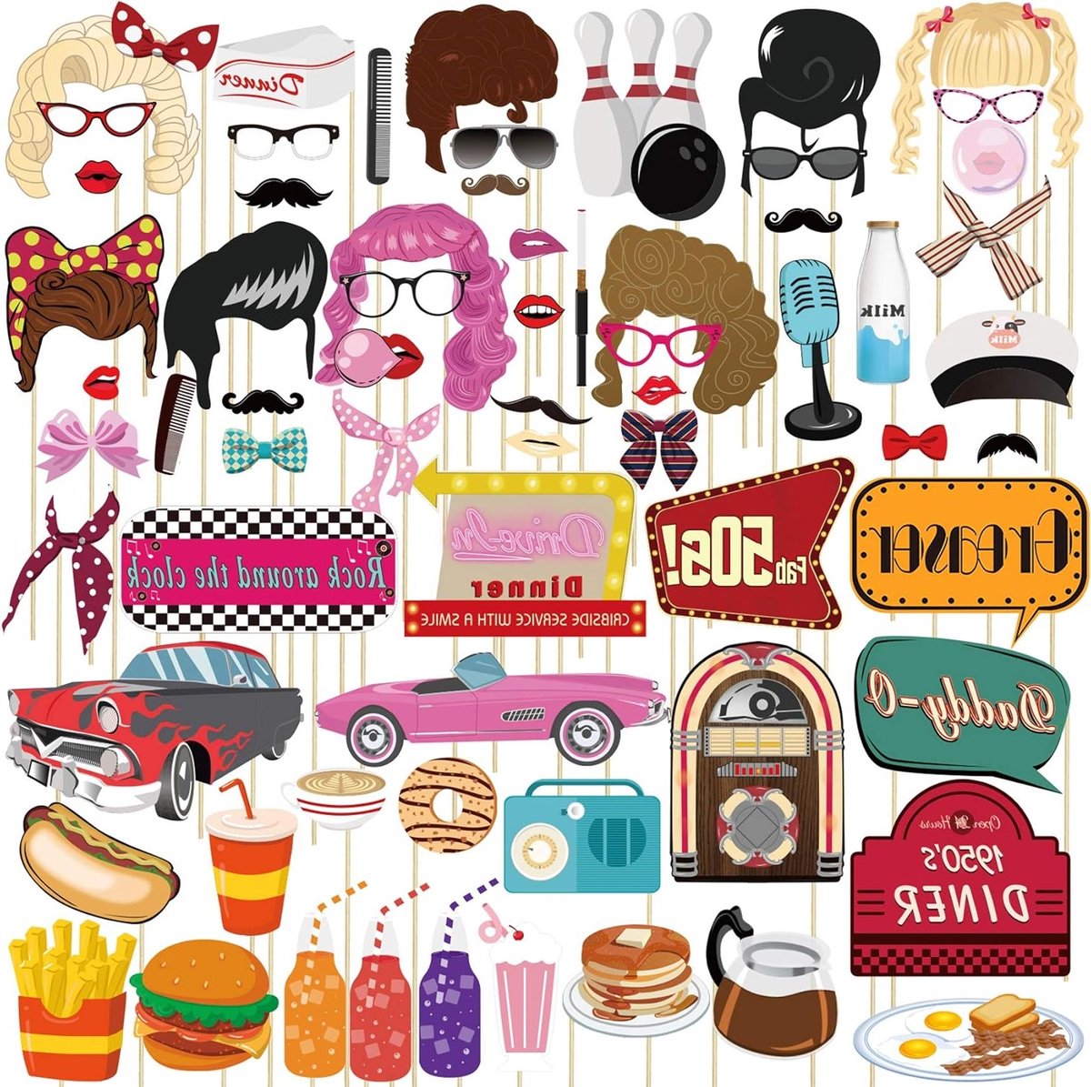 67-delige feestaccessoires voor een onvergetelijk 50's themafeest, inclusief decoraties en kostuums