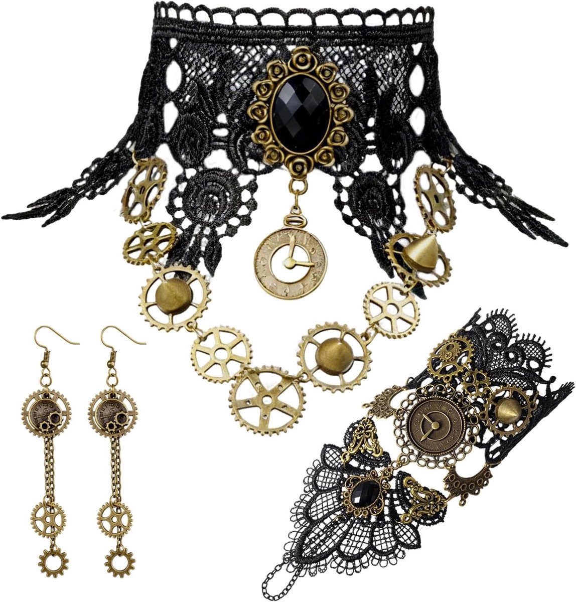 Vrouwelijk Steampunk Kostuum met Accessoires - Gothisch Sieraden Set met Ketting, Armbanden en Oorbellen voor Carnaval en Feestjes