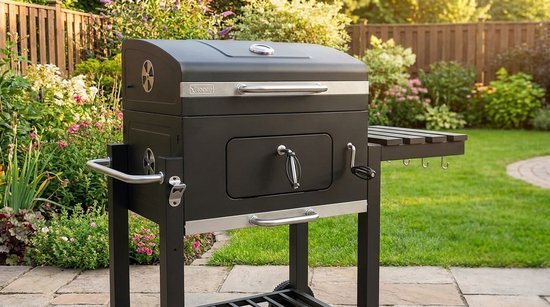 Houtskool Barbecue Grillwagen met Deksel en Thermometer - House&Garden Toronto Elite BBQ - Grote Kolenbarbecue met Verstelbaar Grillrooster, Opklapbare Zijtafel, Warmhoudrek en Wielen - BBQ voor Tuin, Balkon & Terras 56x41,5 cm — afbeelding 4