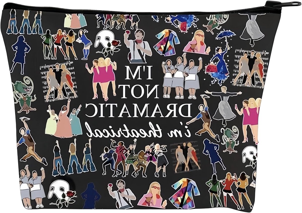 Stijlvolle zwarte tote bag voor Broadway-musical fans, perfect als make-up tas en voor dagelijks gebruik