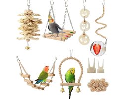 Vogel-/papegaaispeelgoed, hangende set (18 stuks): kooiaccessoires, zitstok, ladder, kauwspeeltje, hangmat; Geschikt voor grasparkieten, dwergpapegaaien, kanaries en kleine huisdieren.