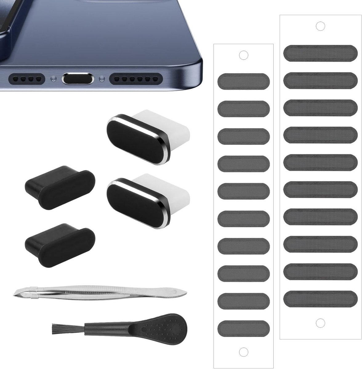 Pack van 8 USB C Stofbeschermingspluggen voor iPhone 15, Oplaadpoort Bescherming, Telefoon Speaker Deksel en Poortreiniger