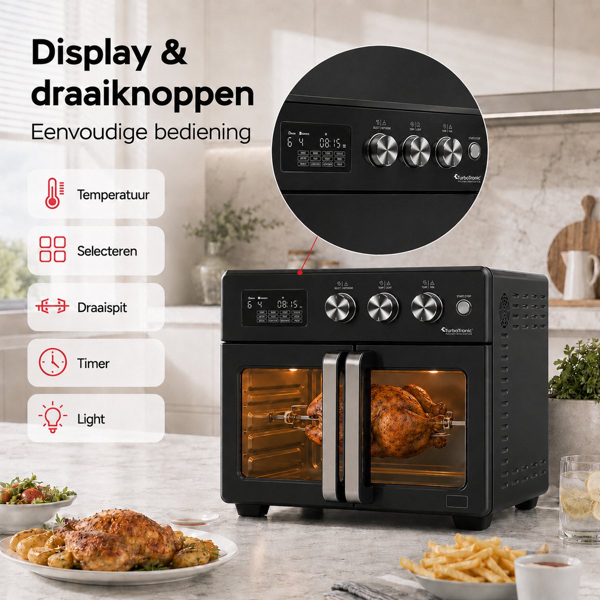 TurboTronic AFD32 Airfryer XXL en Oven – 12 Kookprogramma's – Vrijstaande Mini Oven – Instelbaar van 25 tot 230°C - 32L - Zwart – foto 6