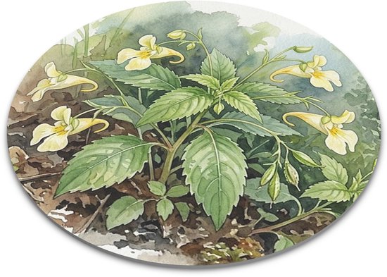 Ronde muismat met botanische illustratie van Klein springzaad (Impatiens parviflora) op de bosgrond - Aquarel Series bos natuur design voor bureau en thuiswerkplek sfeervolle kantoor decoratie - 22x22 cm