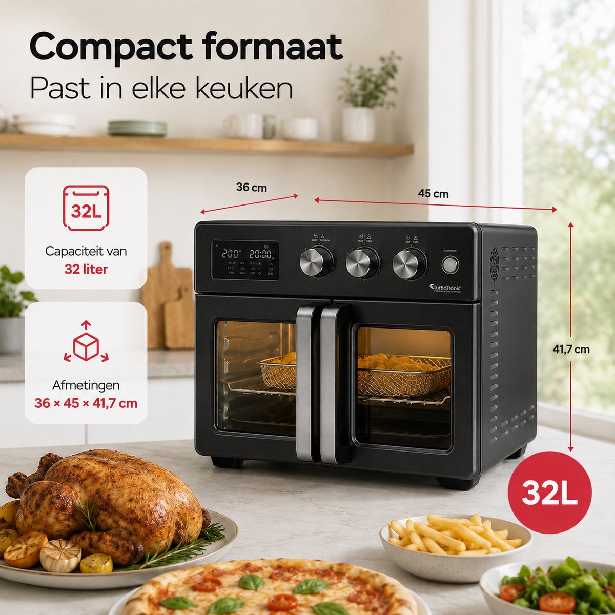 TurboTronic AFD32 Airfryer XXL en Oven – 12 Kookprogramma's – Vrijstaande Mini Oven – Instelbaar van 25 tot 230°C - 32L - Zwart – foto 3