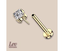 Lev Sieraden - 1.2 x 8 mm Titanium Push Pin Labret piercing met 6 mm princess cut zirkonia - Goud kleurig - neuspiercing - tragus piercing - lippiercing - tragus piercing - Oor piercing - Helix - antie alergie nikkelvrij Piercing