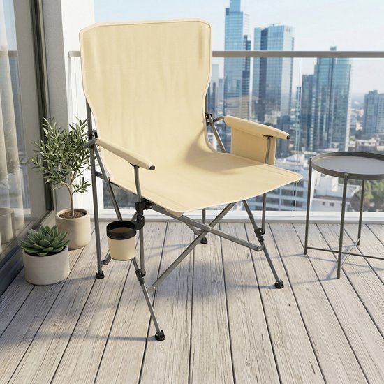 Draagbare Campingstoel - Met Bekerhouder & Zijvak - Opvouwbare Visstoel & Picknickstoel - Stevig Stalen Frame 100kg - Creme van Merkloos — afbeelding 4