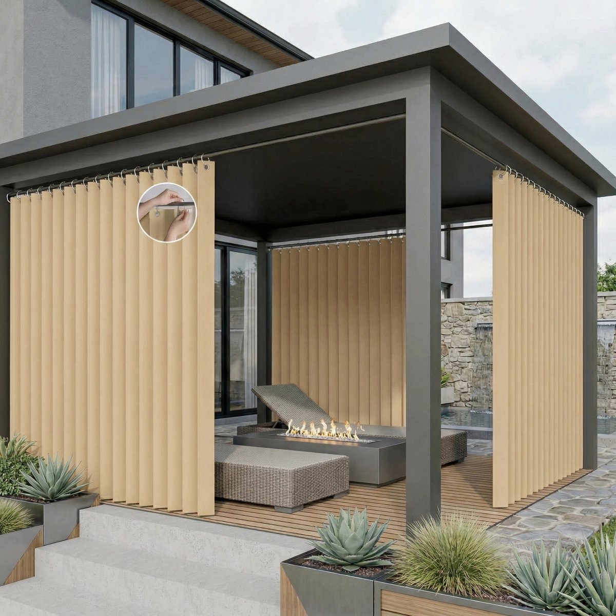 Qelus Extra Breed Buitengordijn Waterdicht 254cm - Lasergesneden Anti-Haak Outdoor Gordijn met Permanente Plooi - Weerbestendige Room Divider voor Tuinhuisje & Gazebo - Beige - 254x244cm - 1 paneel Beige - 1 Stuk