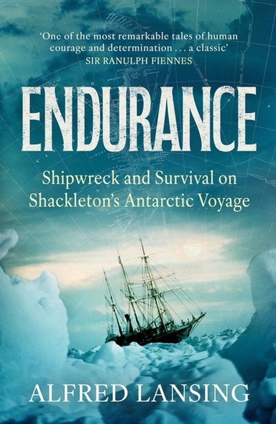 Boekomslag van 'Endurance: Shipwreck and Survival on Shackleton's Antarctic Voyage' van Alfred Lansing. Een schip zit vast in het ijs, met de titel prominent in witte letters.