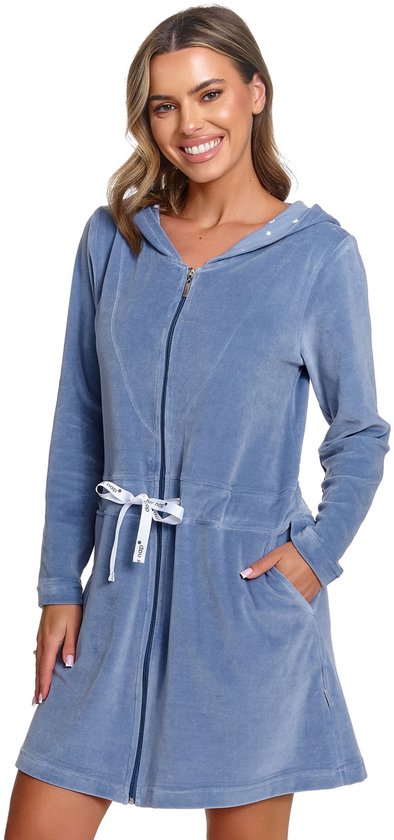 Doctor Nap Velours Badjas Dames Met Capuchon Rits en Zakken SWO.1008 Sky Blue 36 / S