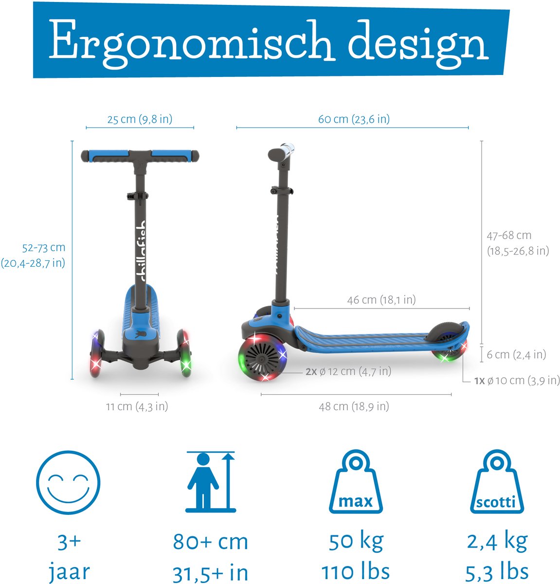 Chillafish Kinderstep 3 Jaar met drie LED wielen - Blauw - Lichtgewicht Glow step jongens en meisjes met afneembaar stuur en voetrem - Aanpasbaar in hoogte - Leun-om-te-sturen - Extra grip handgrepen - Geen batterijen nodig - Model Scotti Glow 3 — afbeelding 2