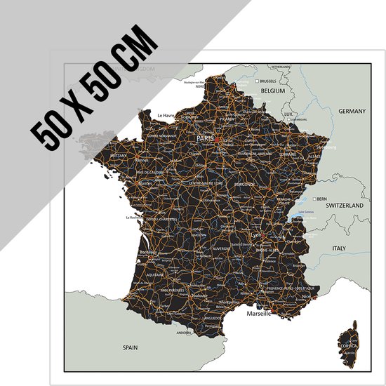 Map wegennet Frankrijk (kunststof pancarte) | 50 x 50 cm | Kaart | Landkaart | Aardrijkskunde | Steden | Péage | Lyon | Marseille | Lille | Parijs | France | 1 stuk
