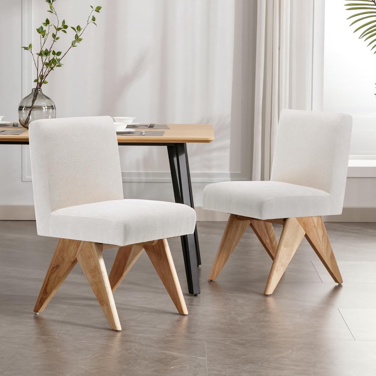 Vintage Chenille Eetkamerstoelen Set van 2 – Luxe Beige Design met Houten Poten & Ergonomische L-Vormige Rugleuning – 60 x 46 x 86 cm