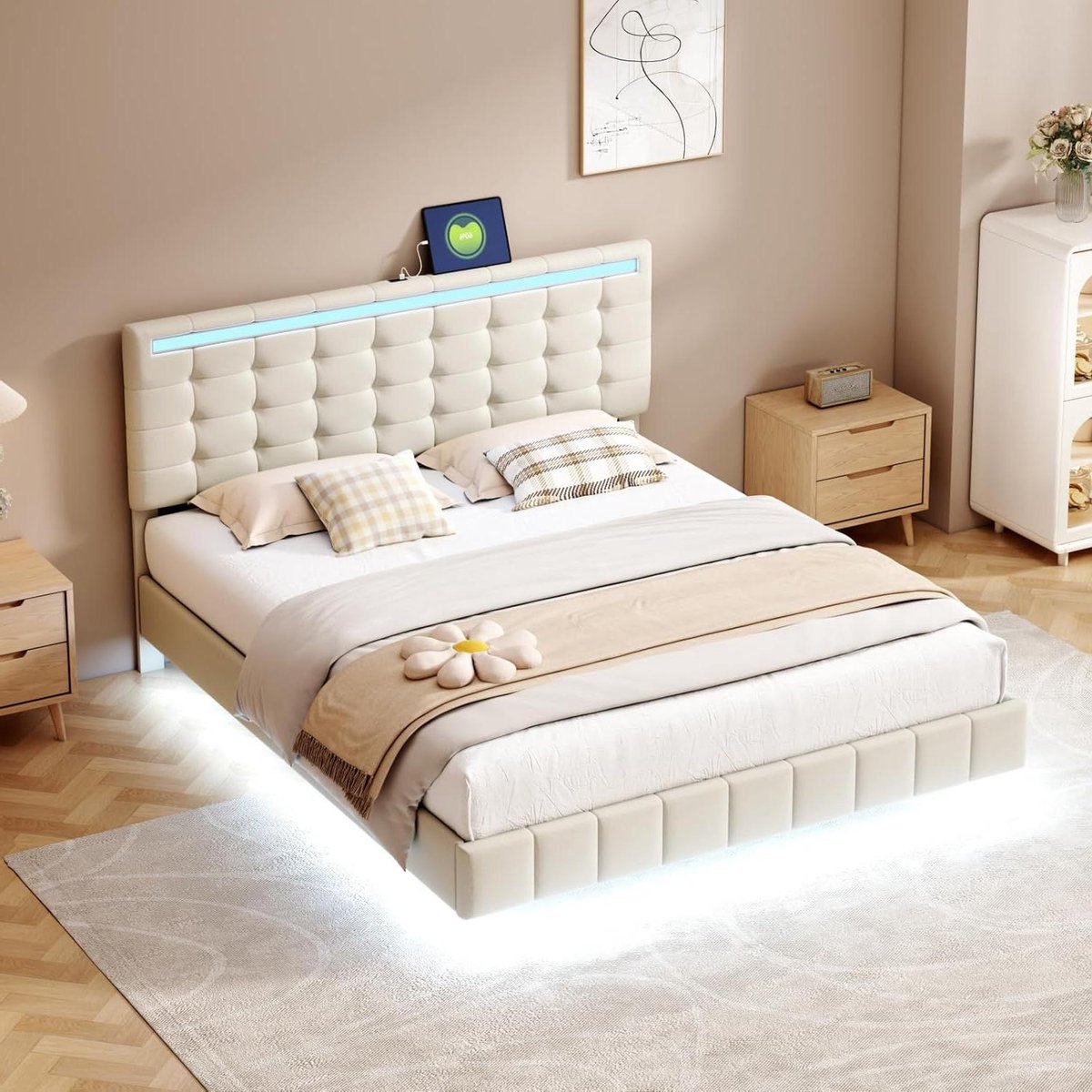 Gestoffeerd tweepersoonsbed - Zweefbed met LED - Moderne slaapkamer - Huidvriendelijke linnen stof - 160 x 200 cm - Beige