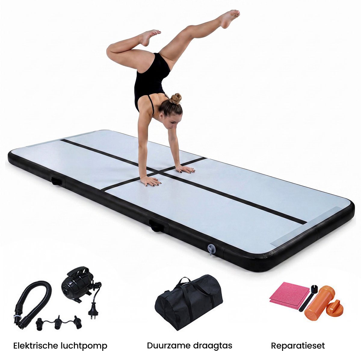 Airtrack 4 meter - Extra Dik (20 cm) - Turnmat - Gymmat - Zwart - Inclusief Elektrische Pomp en Luxe Draagtas - Voor Ouderen en Kinderen - Waterproof