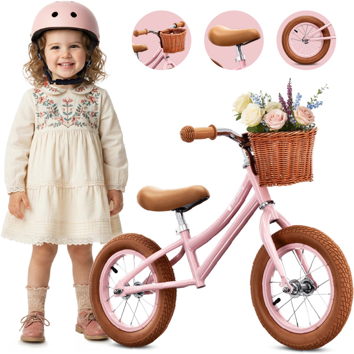 sun baby Loopfiets voor Kinderen Classic - 2 jaar, max. 30 kg, Loopfietsen, stalen frame, gekleurde luchtbanden, verstelbaar zadel - Roze