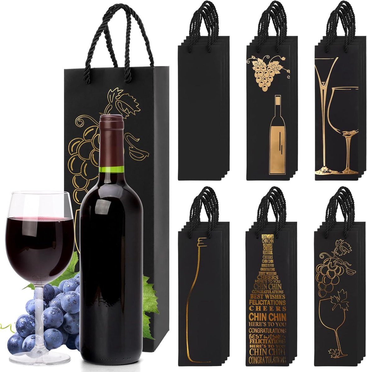 Pack of 24 Kraft Paper Gift Bags - 11 x 9 x 35 cm - Bottle Bags Packaging with Handle - Wine Bags voor Kerstmis - Bruiloft - Feest - Verjaardag (6 Kleuren)