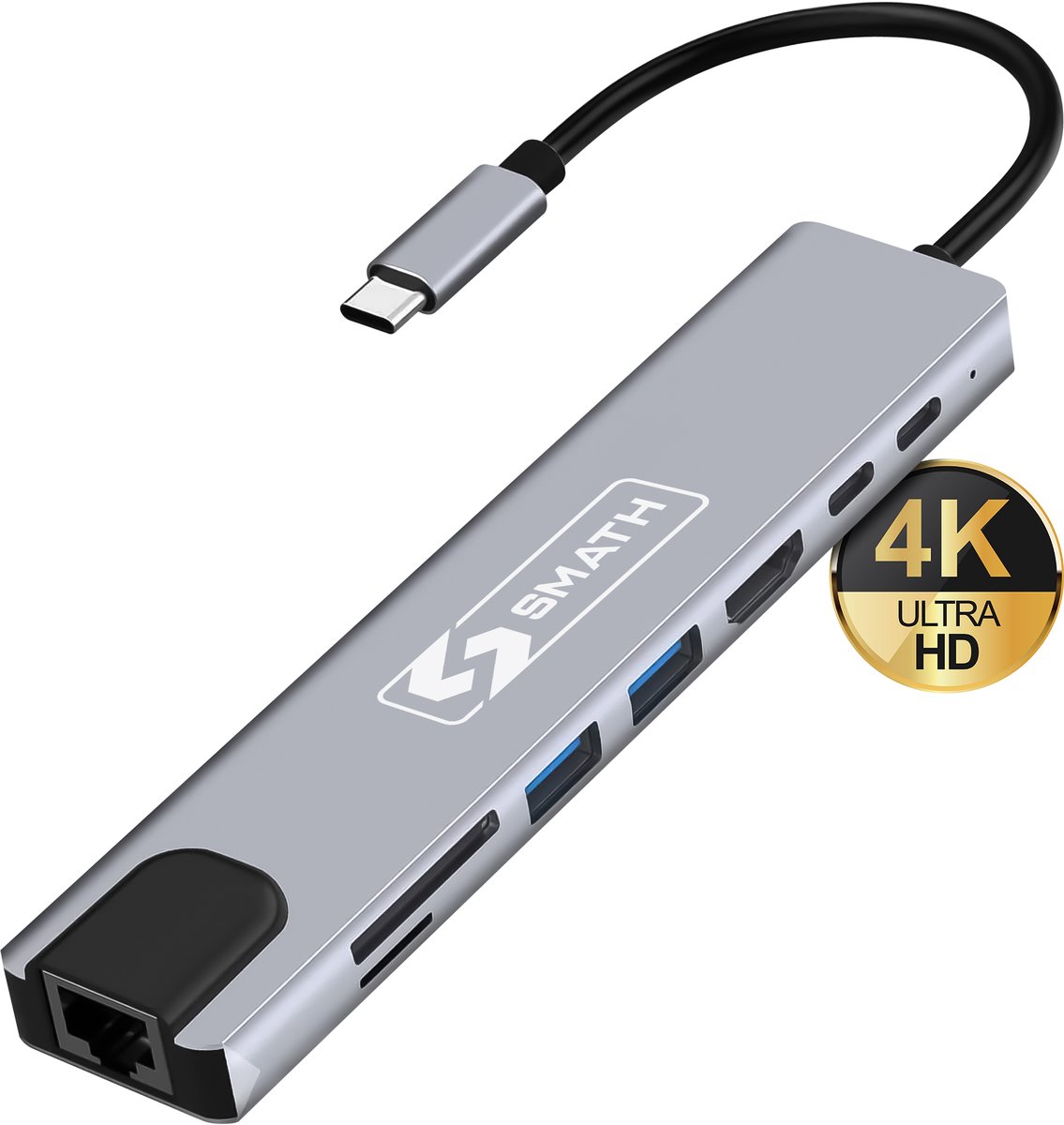 Smath® USB C Hub 8-in-1 - USB Hub 3.0 met HDMI 4K - Ethernet - SD Kaartlezer - USB Splitter voor Laptop en PC - Aluminium