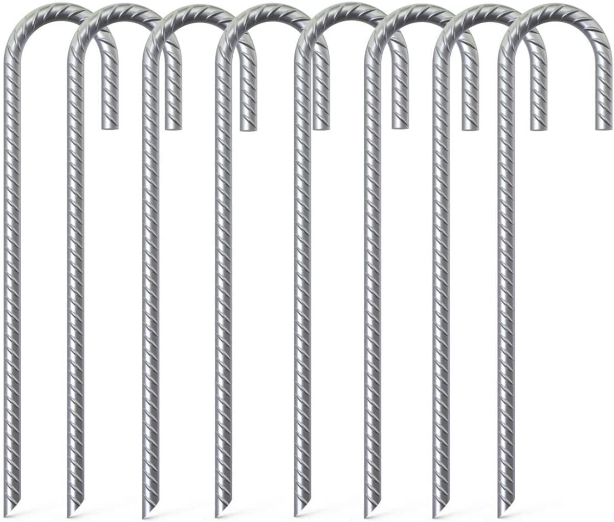 8 Pack Heavy Duty Rebar Poles - 40cm Galvanized Ground Anchors - Rust Resistant Curved Steel J Hook met Friction Grip Ribs voor Camping Tenten - Trampolines - Canopy Gates - Fence - Swing