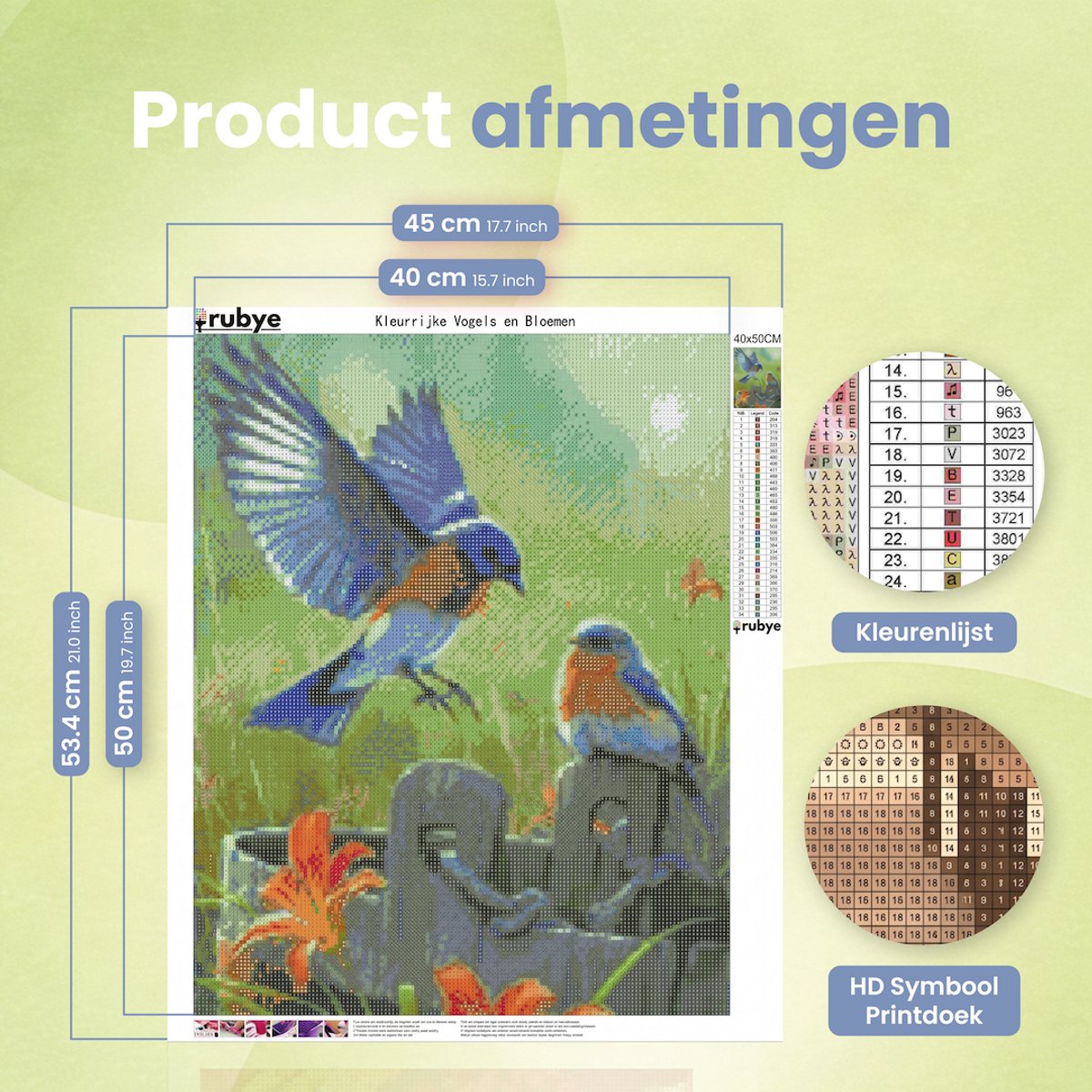 Rubye® Diamond Painting Volwassenen - Diamond Painting Kinderen - Diamond Painting Pakket Volledig - Vogels en Bloemen - 40x50cm — afbeelding 10