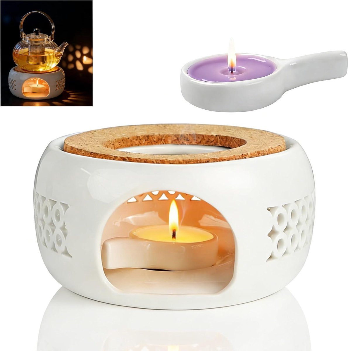 Theepot Warmer - Thee Warmer Kandelaar - Dranken Warm Houden - Keramiek Met Kurk - 15 cm Diameter - Wit