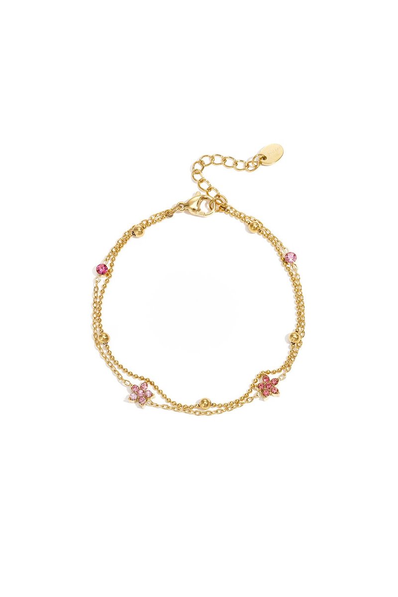 Gouden Dames Armband met Roze Bloem & Zirkonia – Dubbele Ketting – Verstelbaar – Elegant Sieraad