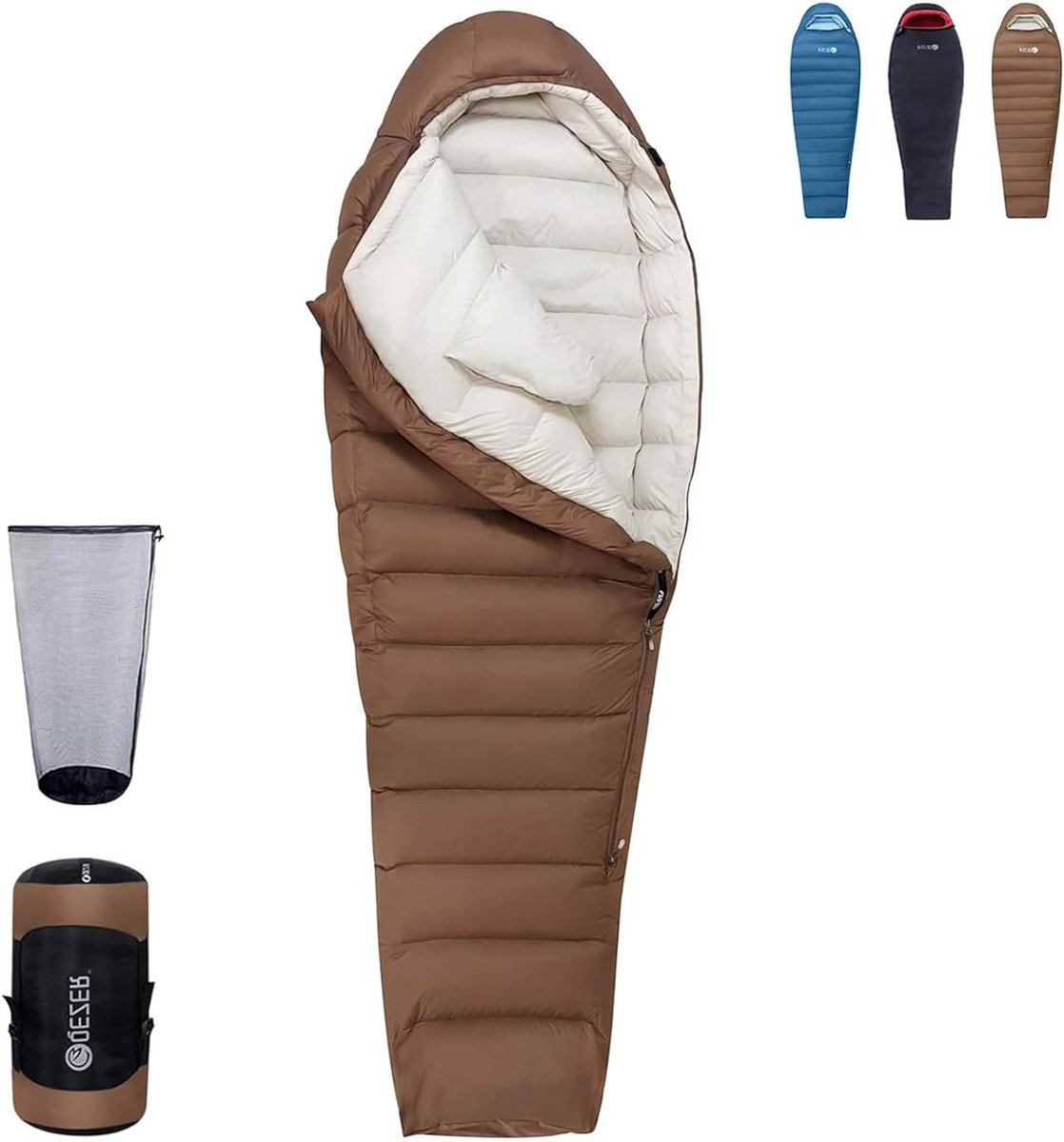 Donzen Slaapzak - Lichte Slaapzak - Kamperen en Trekking - Kleine Pakmaat - 210 cm x 80 cm - Koffie