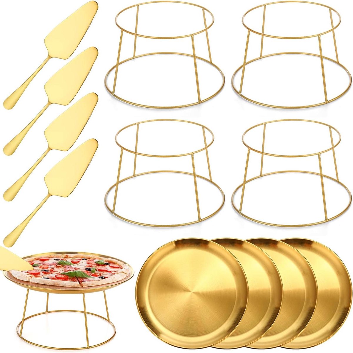 Pizza Pan Riser Sets - Pizza Bakplaten - Pizza Serveren - Met Houten Handvat - 12 Inch - Goud