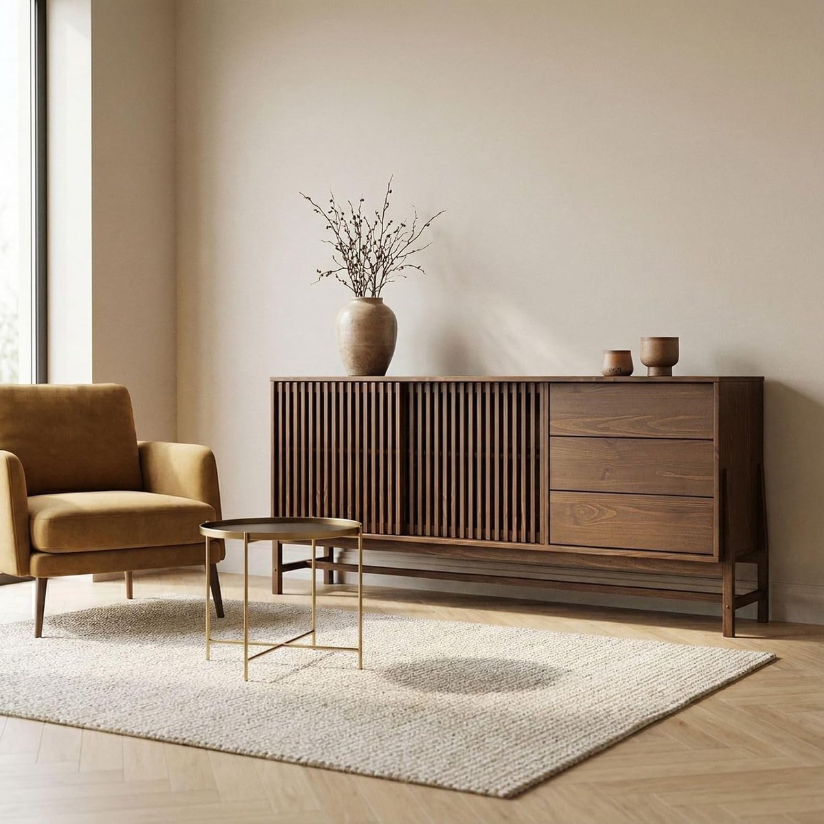 Dressoir Kast 175 cm met 3 Laden en 2 Schuifdeuren – 175x41x75 cm – Massief Houten Sideboard met Verstelbare Plank – Walnoot Bruin Opbergkast voor Woonkamer en Eetkamer – Urbanhome
