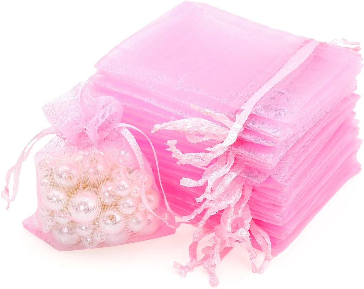 Roze Organza Tassen 7 x 9 cm, Set van 50 Geschenktassen met Trekkoord, Perfect voor Trouwen en Sieraden