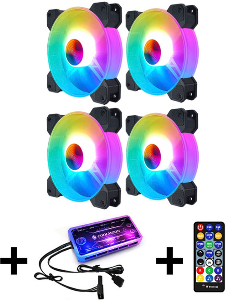 CoolMoon RGB Case Fans 4x – PC Coolers met Controller & Afstandsbediening – 120mm Stil