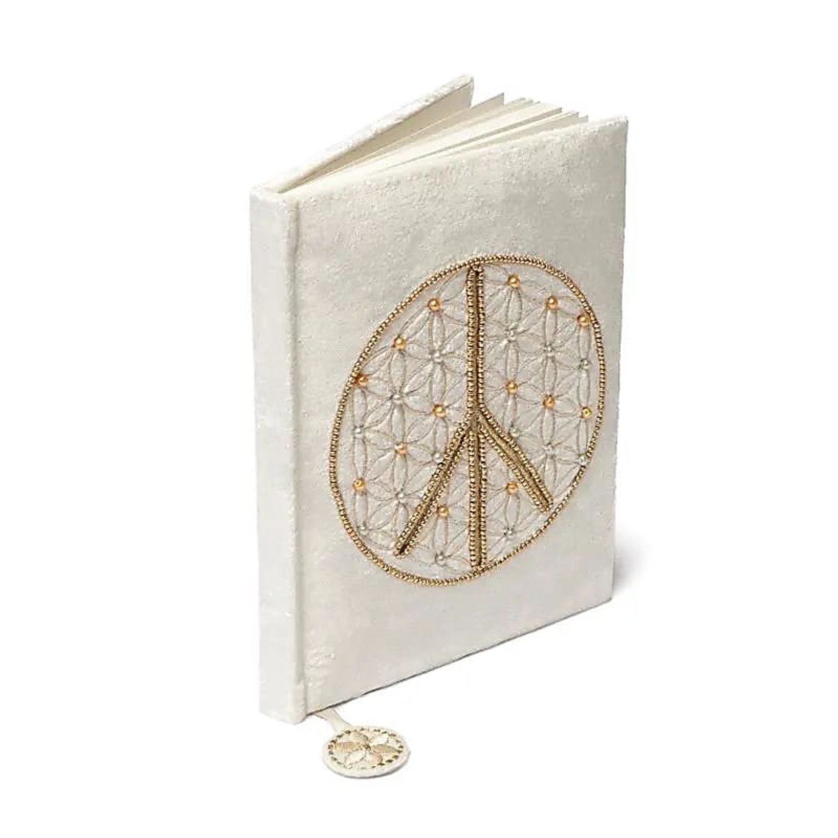 Notitieboek fluweel gebroken wit met Bloem des Levens vredesteken – 20 cm x 15 cm