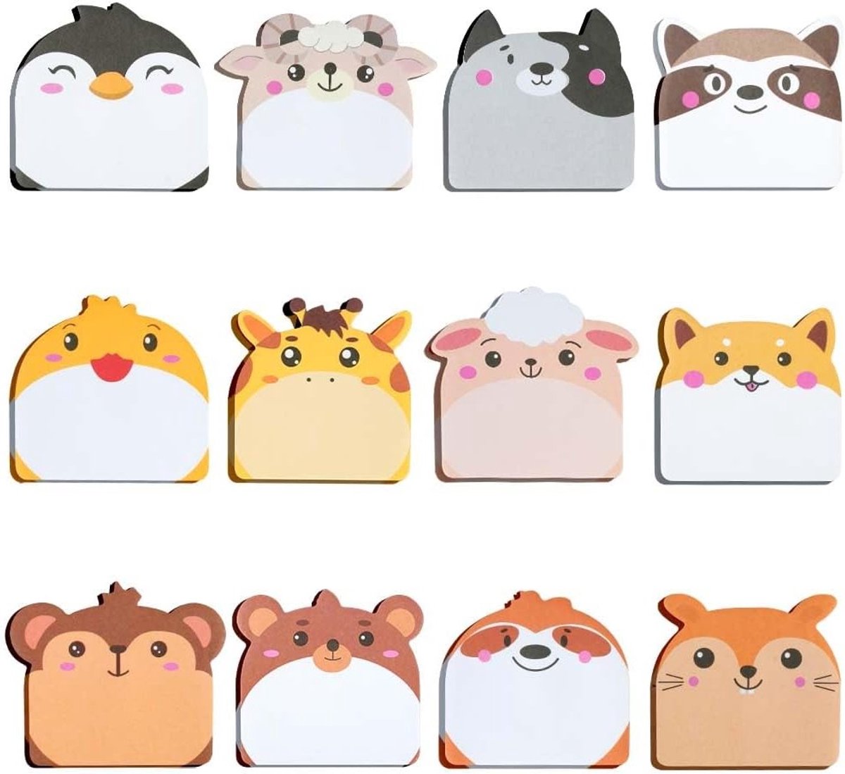 Schattige Cartooneske Dieren Sticky Notes Set, 24 Pak met 12 Stijlen, 720 Stuks voor School, Kantoor en Feestjes