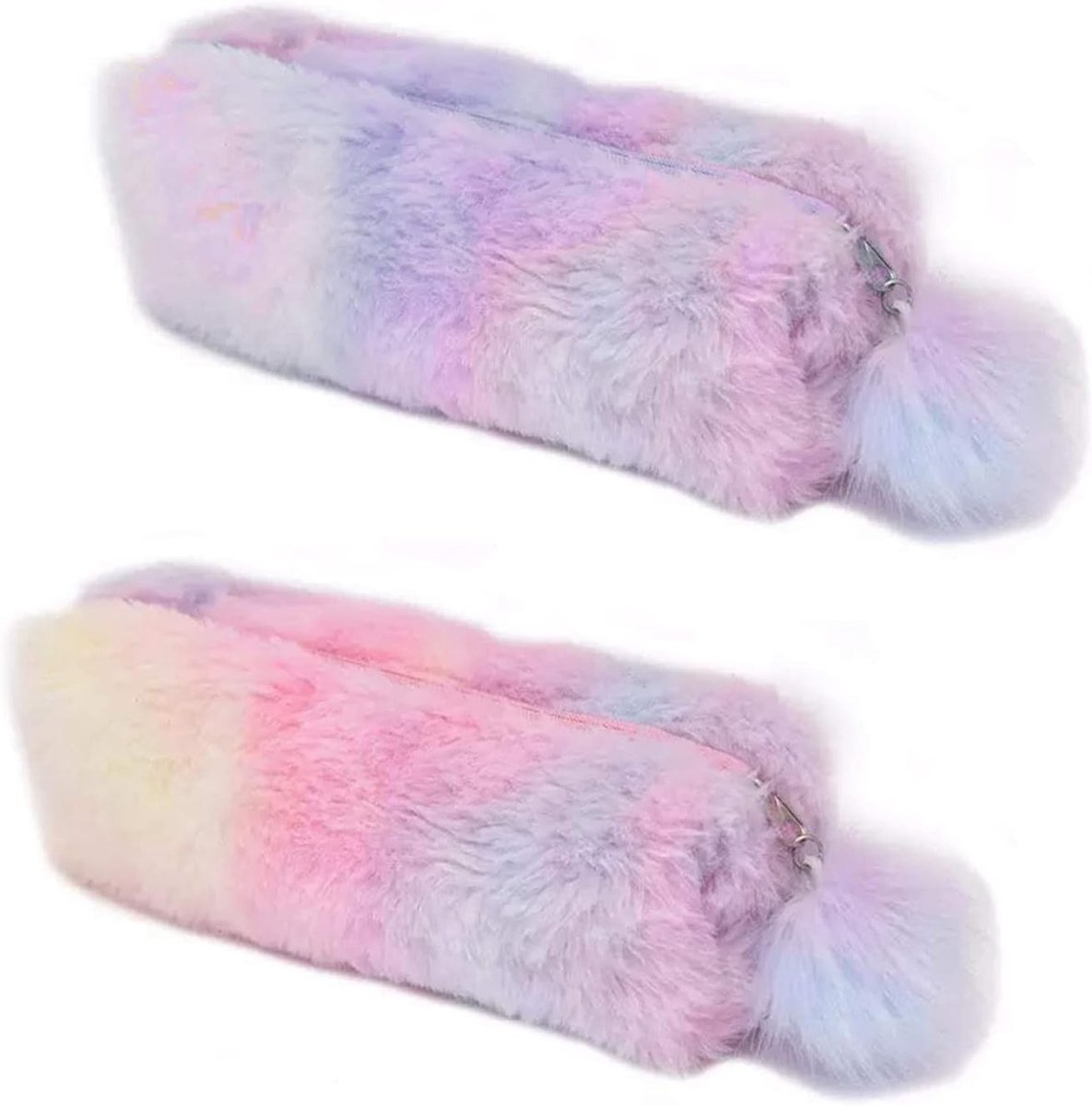 Schattige 21cm Pluche Regenboog Pennenzak - Fluffy Pennentas en Make-up Etui met Pompom voor Kinderen en Schoolgebruik