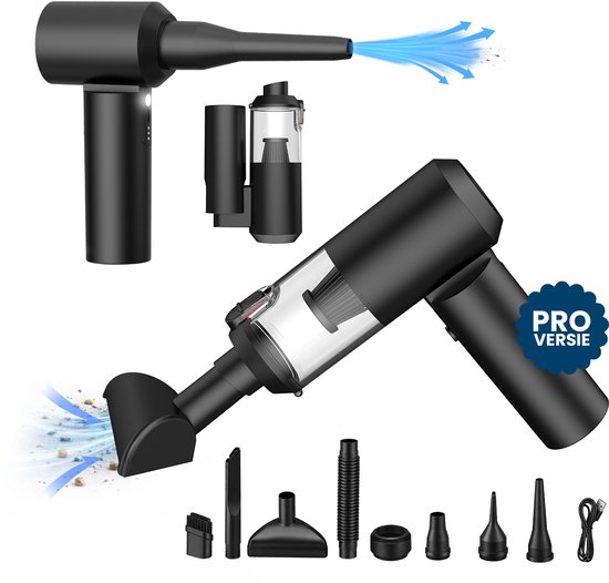 CarMe 2-in-1 Auto Stofzuiger Pro - Zuigen & Blazen - Kruimeldief - 8 Opzetstukken - Oplaadbaar - Handstofzuiger - Air Duster - Zwart